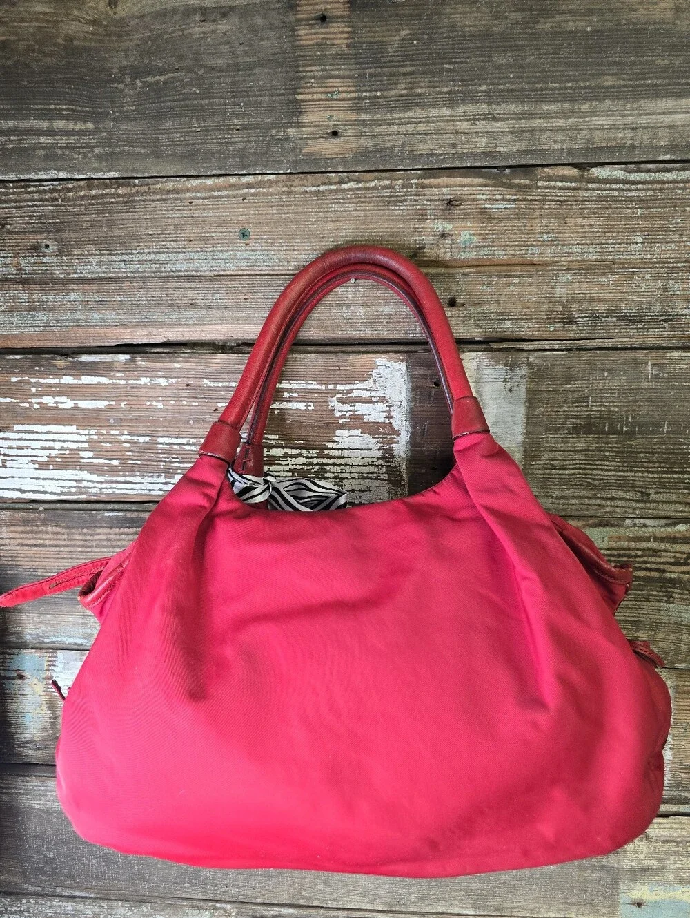 Kate Spade Red Nylon Leather Large Satchel Tote Zebra Scarf
